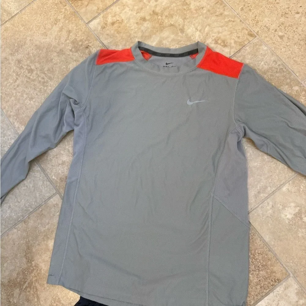Set of YL Adidas Navy Striped Pants & Nike Grey & Orange long sleeved shirt